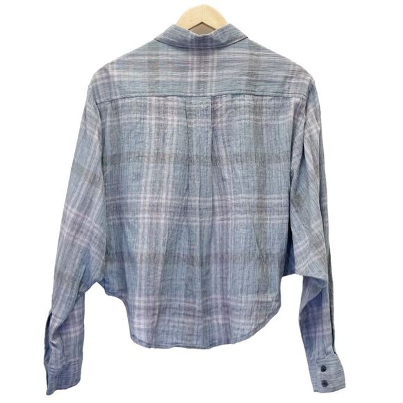 Free People Cropped Cutie Plaid Button Front Cotton Shirt Blue Gray Size Small - Picture 3 of 13